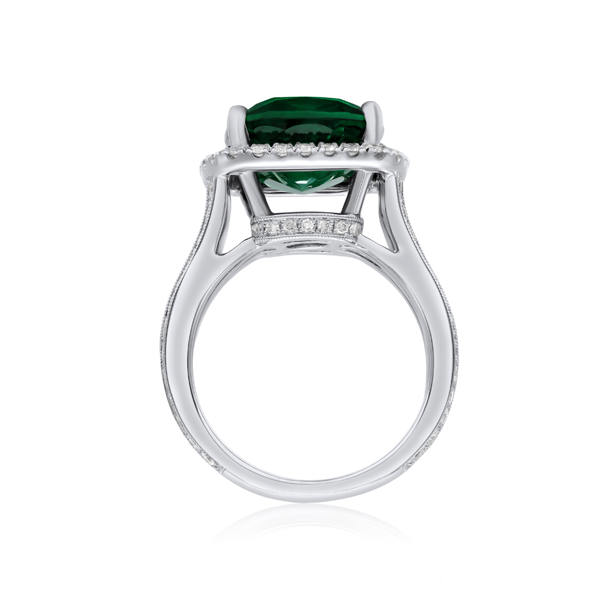 18kt White Gold Cushion Cut Emerald Micropave Halo Diamonds Ring
