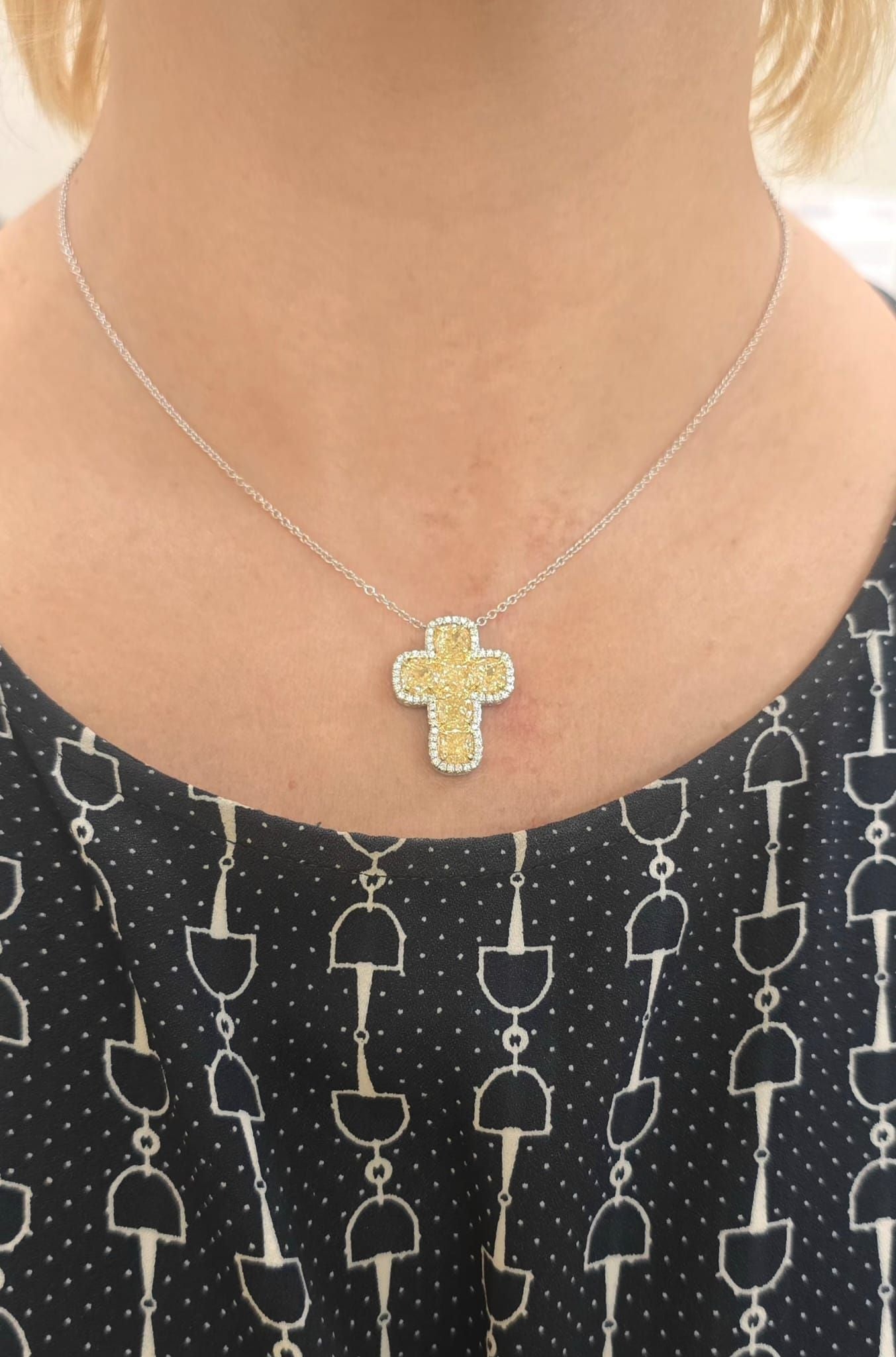 Fancy Yellow Cushion Diamond Cross Pendant