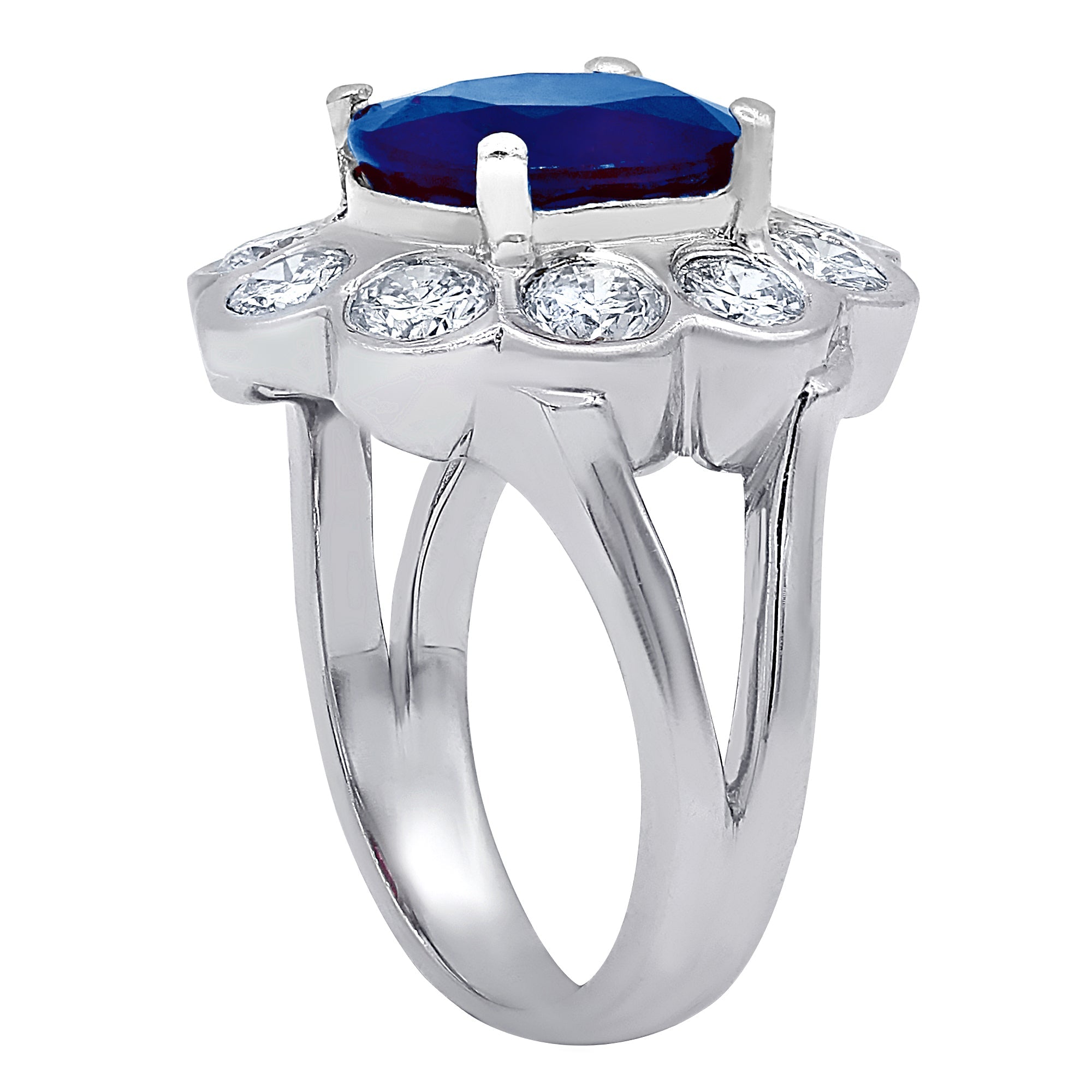 18kt White Gold Tanzanite Flower Diamond Halo Ring