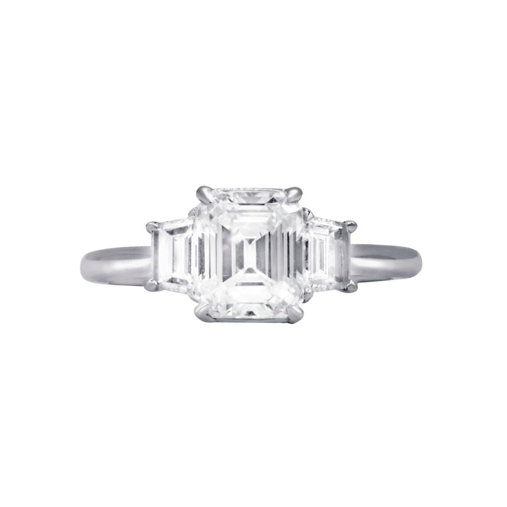 Three Stone Emerald Cut Diamond Engagement Ring, Platinum