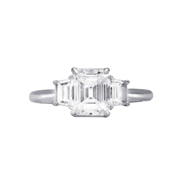 Three Stone Emerald Cut Diamond Engagement Ring, Platinum