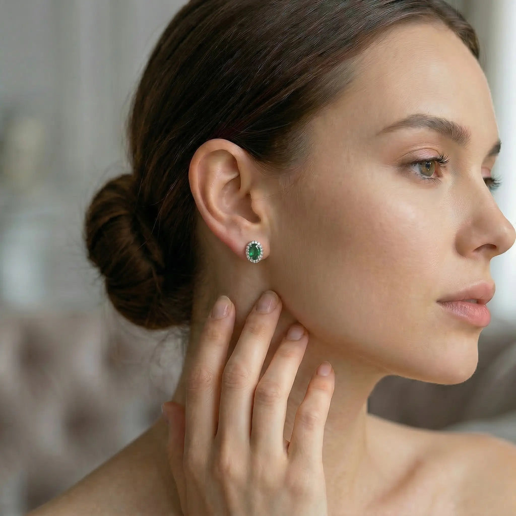 Verona Emerald Halo Stud Earrings