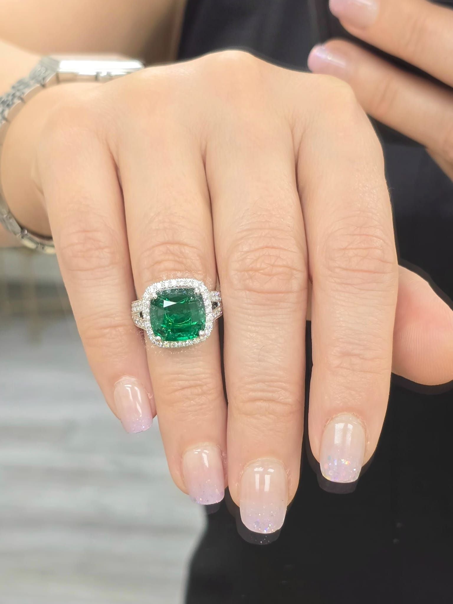 18kt White Gold Cushion Cut Emerald Micropave Halo Diamonds Ring
