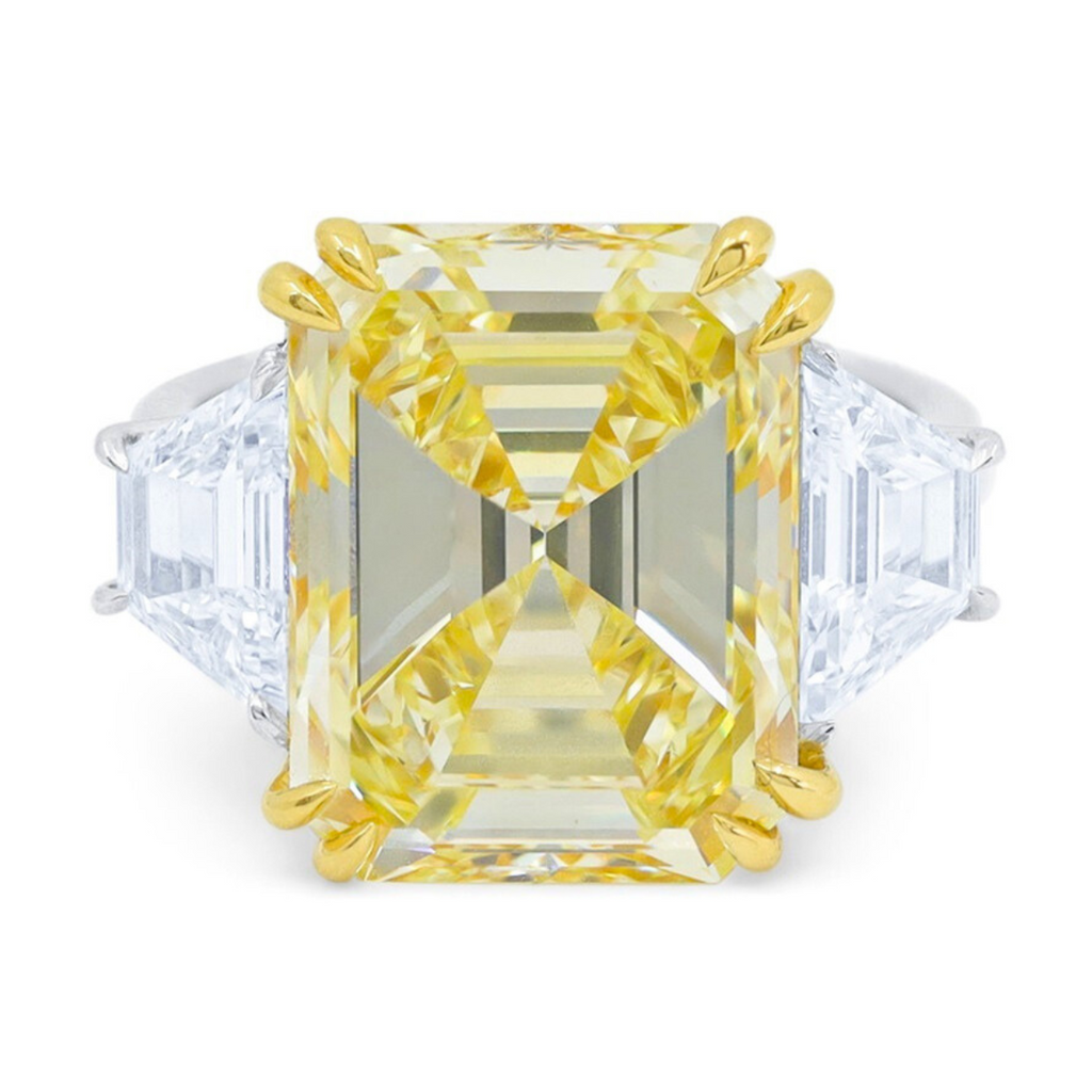 Fancy Yellow Emerald-Cut Diamond Ring With Trapezoids, Platinum & 18K Gold