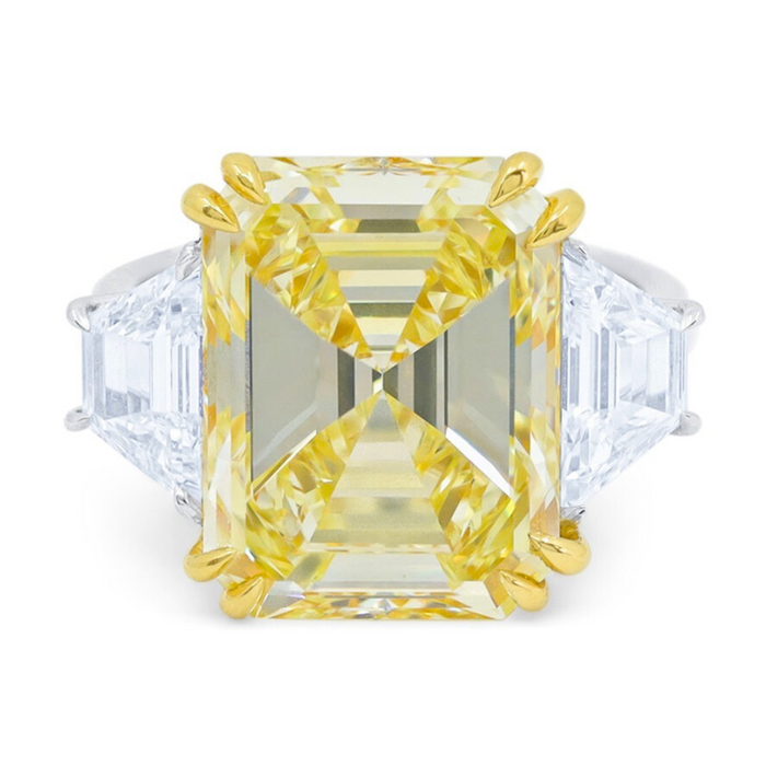 Fancy Yellow Emerald-Cut Diamond Ring With Trapezoids, Platinum & 18K Gold