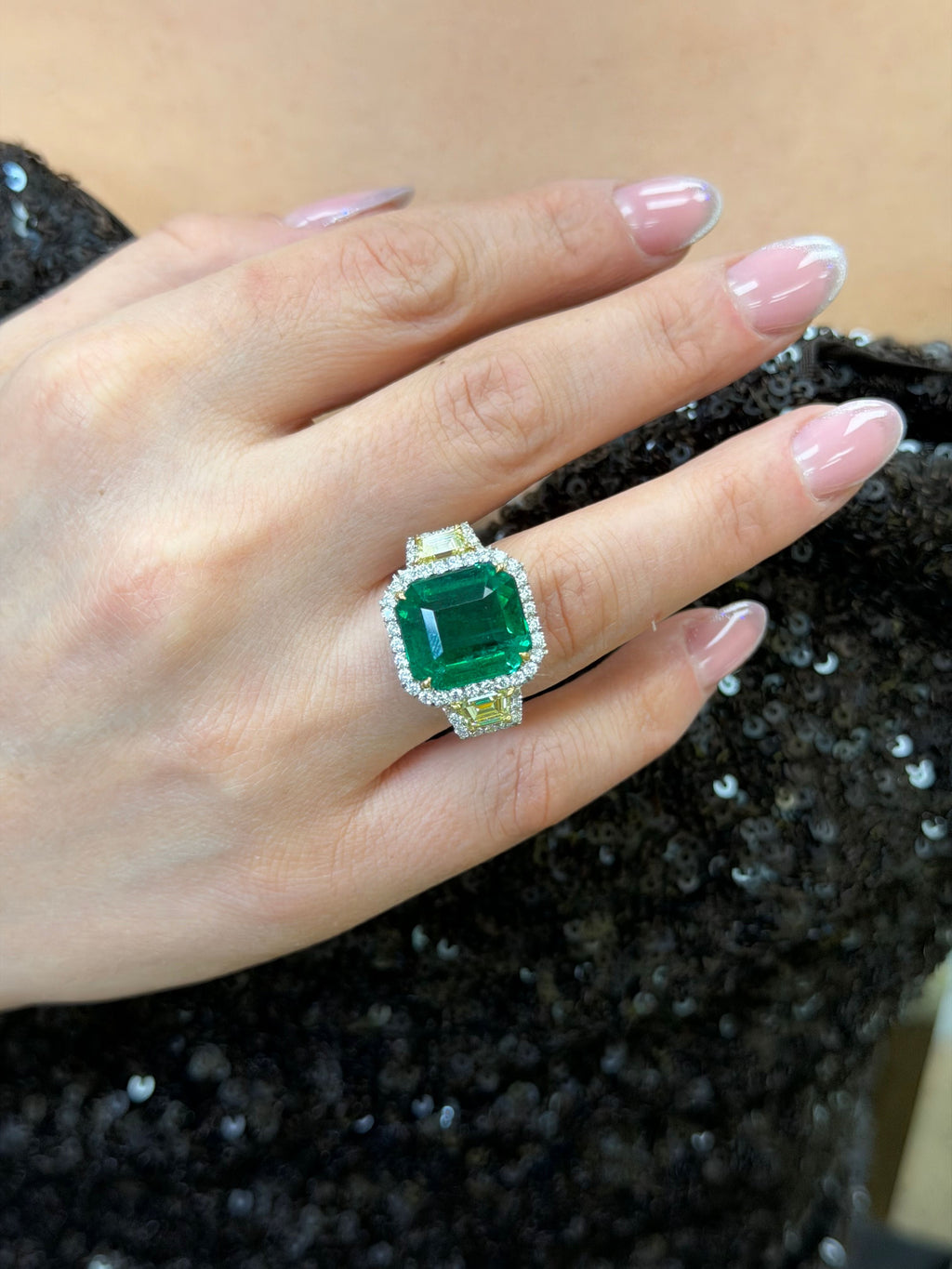 Emerald And Yellow Diamond Halo Ring