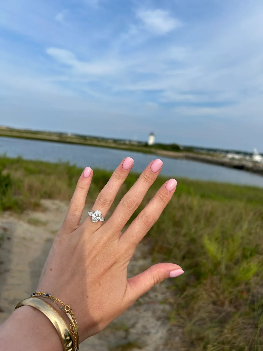 Lab-Grown Oval and Pear Three-Stone Engagement Ring