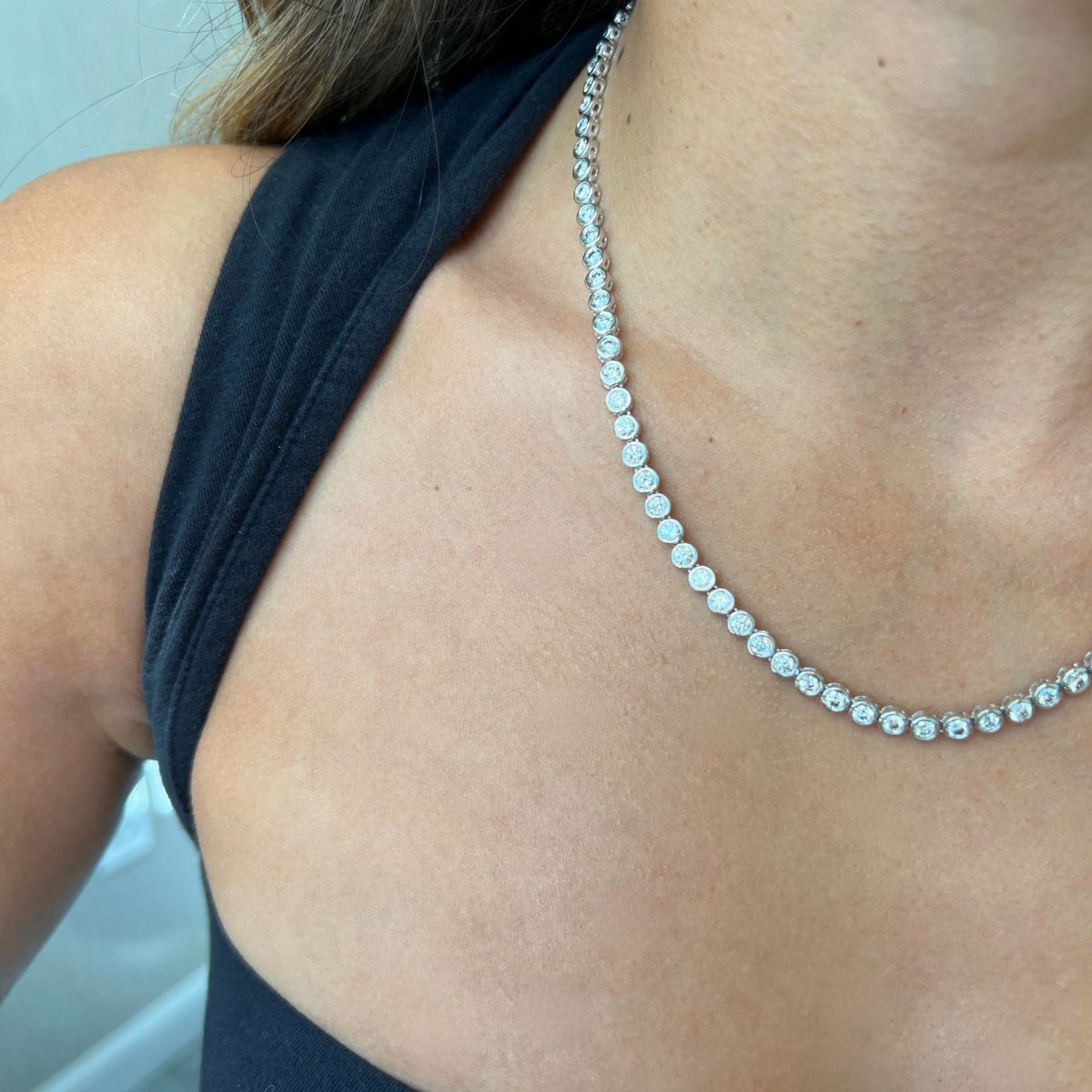 Lab-Grown Round Diamond Bezel Tennis Necklace, 10ct