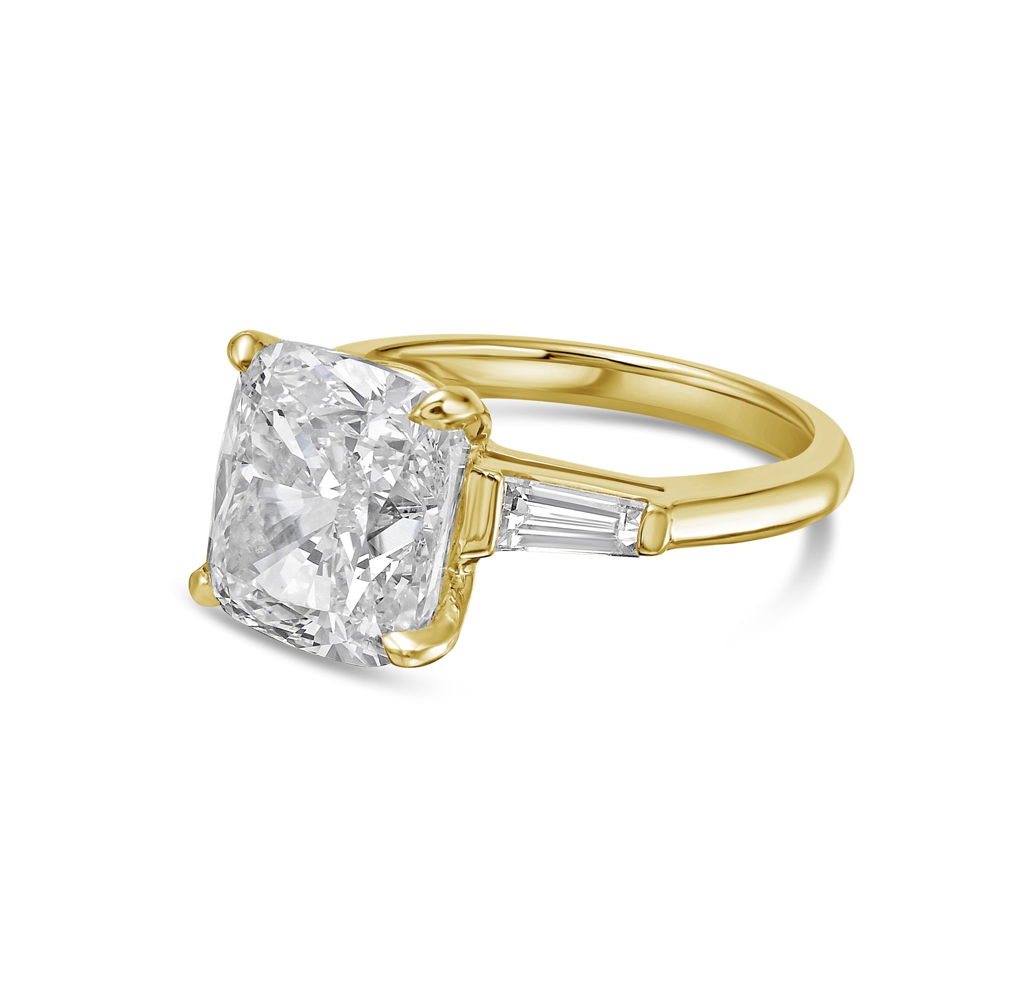 Lab-Grown Cushion Diamond Ring with Baguettes, 18K Gold