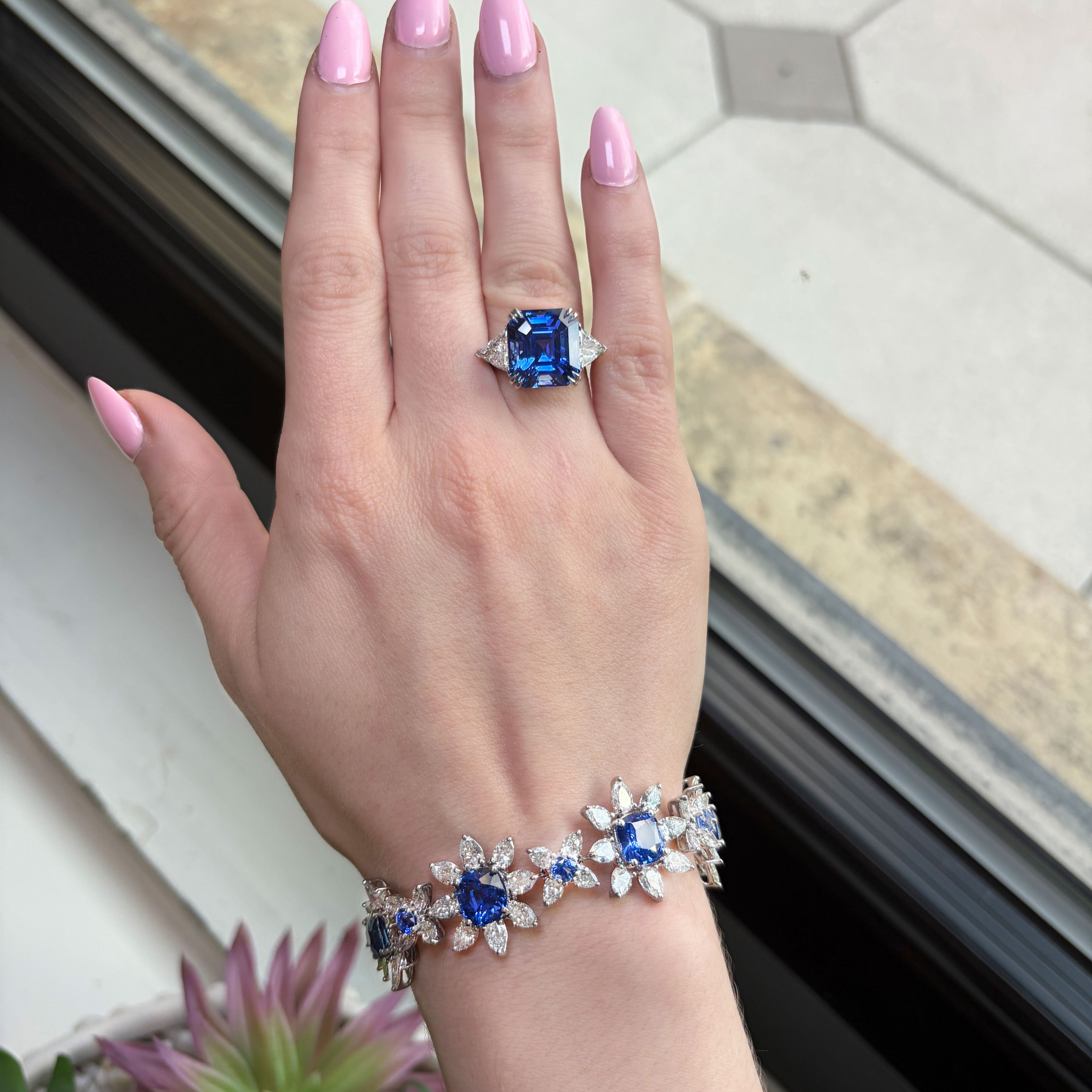 9.85ct Ceylon Sapphire Three-Stone Ring with Triangle Diamonds