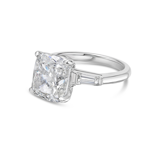 Lab-Grown Cushion Diamond Ring with Baguettes, 18K Gold