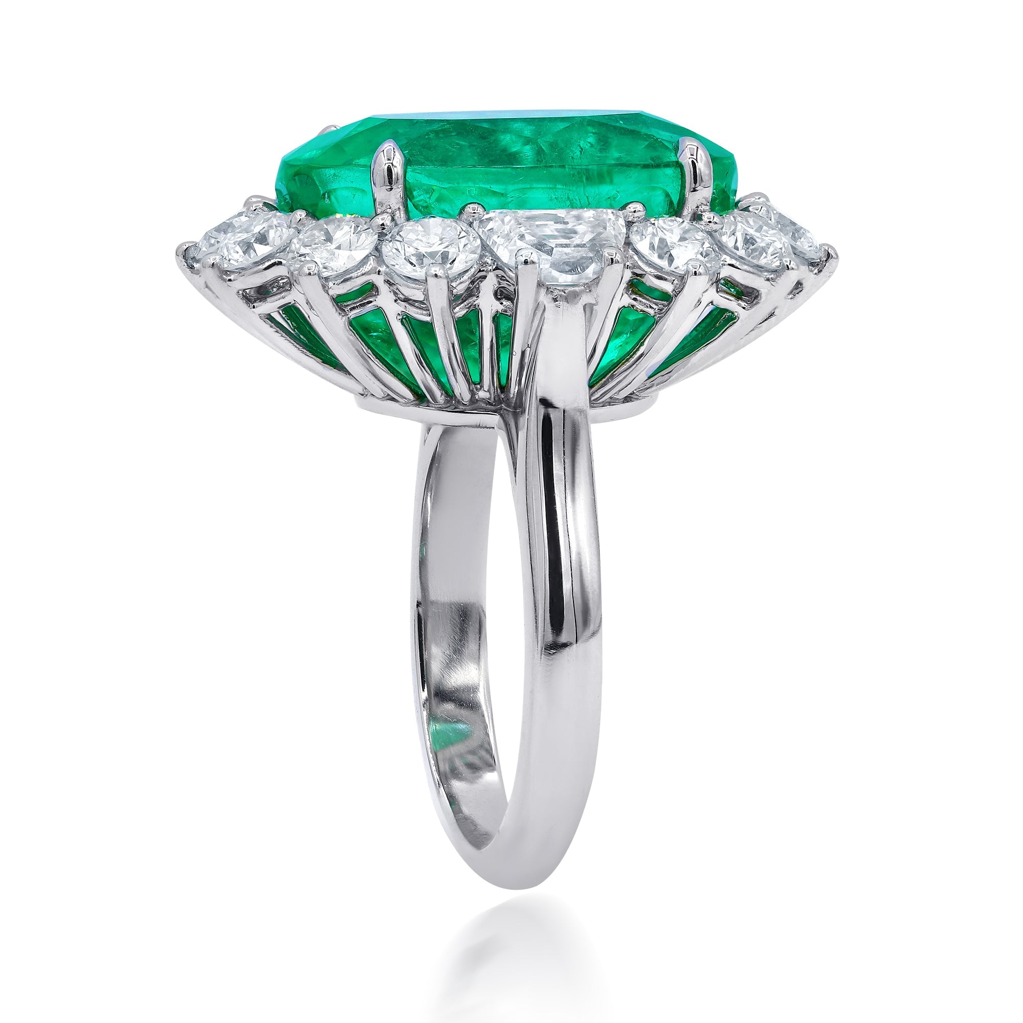 Green Emerald and Round Diamonds Flower Ring