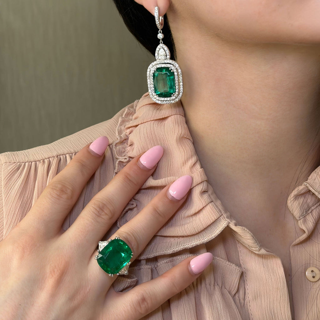 Cushion Emerald Double Halo Earrings