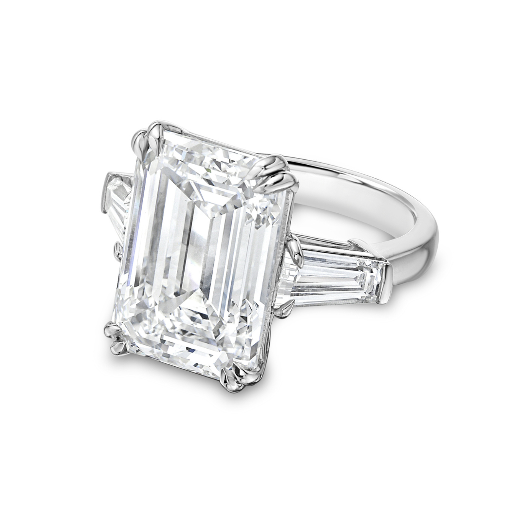 Lab-Grown Emerald-Cut Three-Stone Engagement Ring with Baguettes, 18k Gold