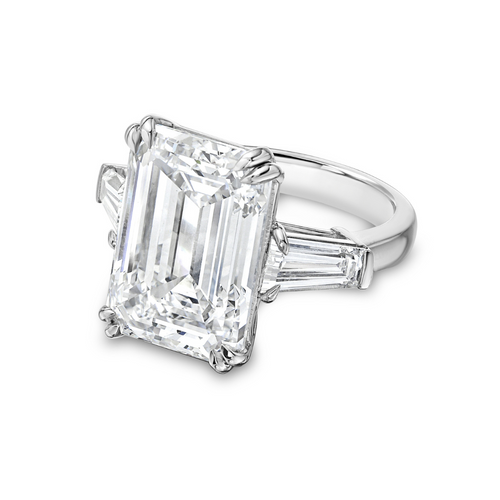 Lab-Grown Emerald-Cut Three-Stone Engagement Ring with Baguettes, 18k Gold