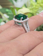 18kt White Gold Cushion Cut Emerald Micropave Halo Diamonds Ring