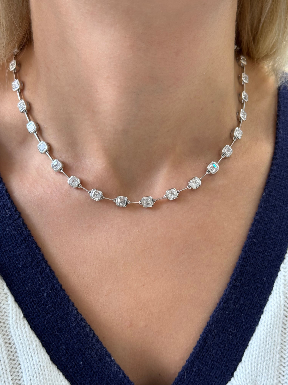 Lab Grown Asscher Diamond Bezel Station Necklace