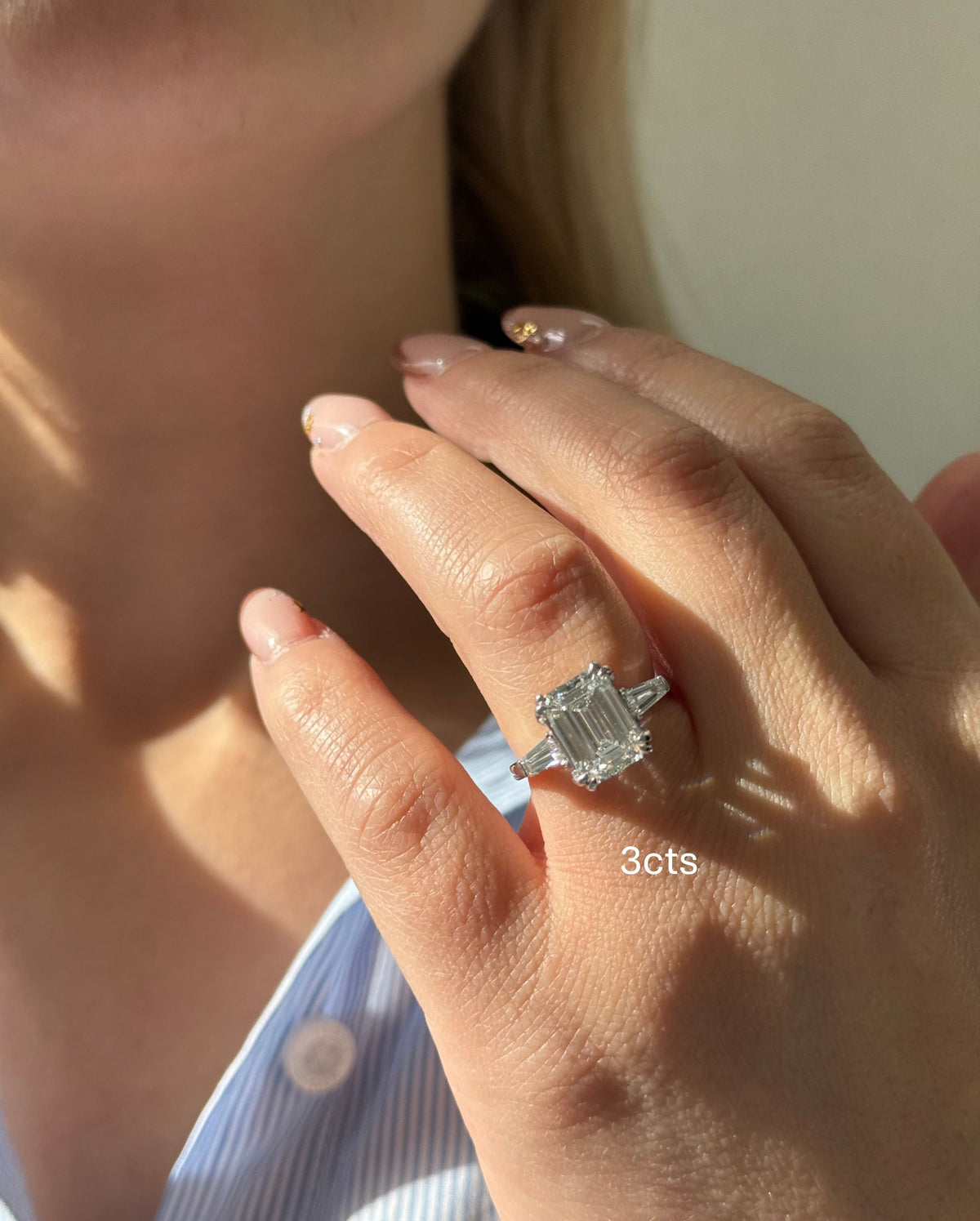 Lab-Grown Emerald-Cut Three-Stone Engagement Ring with Baguettes