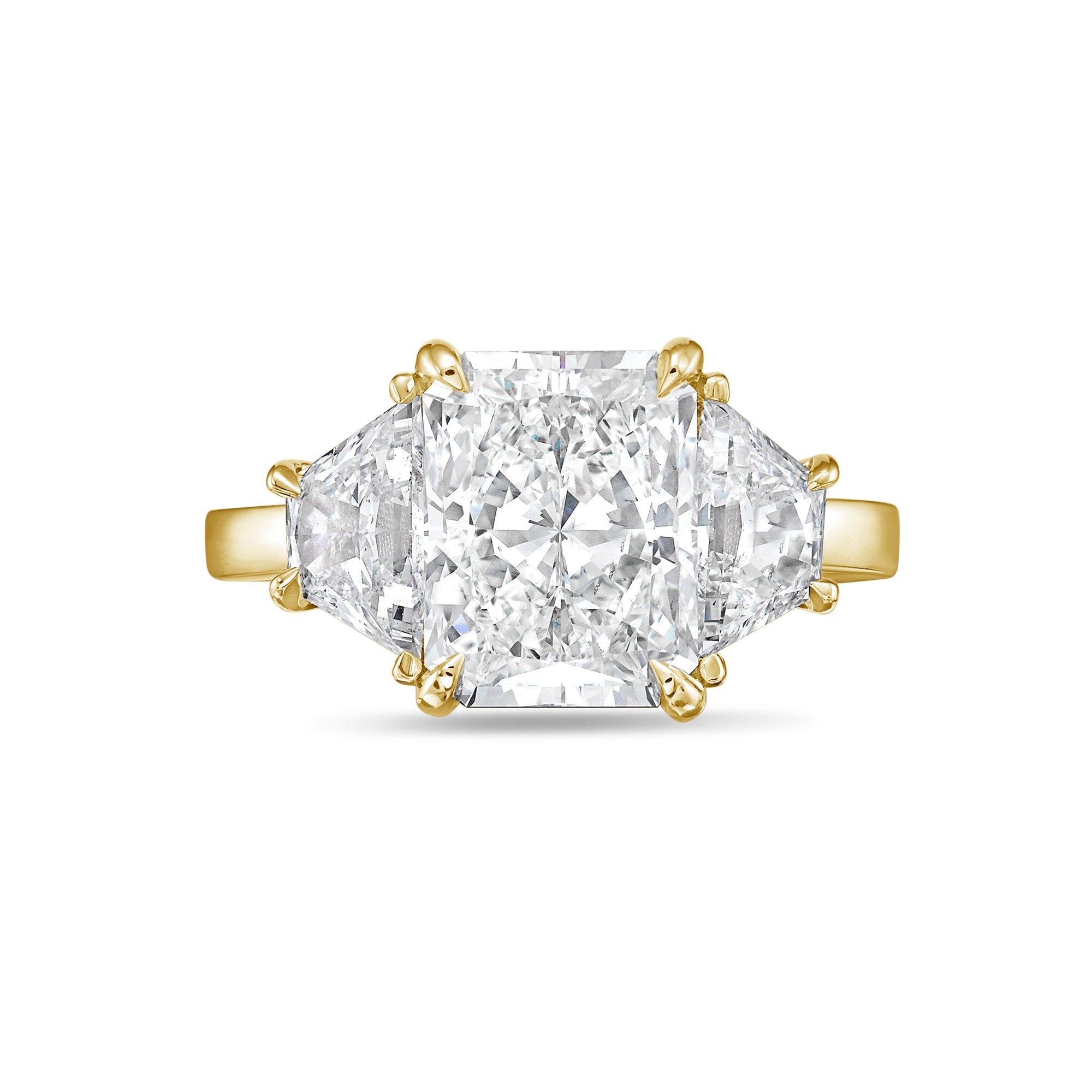 Lab-Grown Radiant Three-Stone Engagement Ring with Trapezoids, 18K Gold