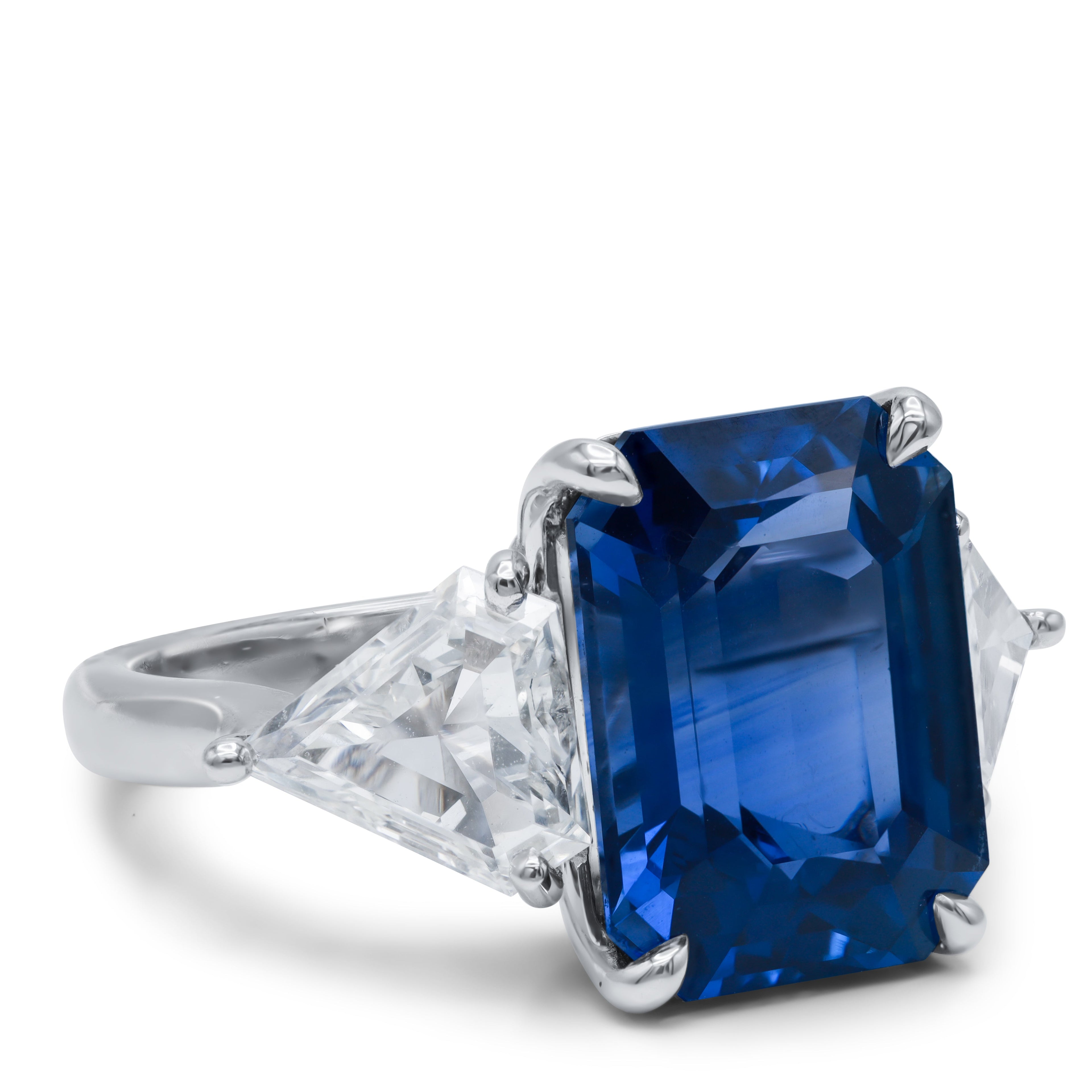 9.85ct Ceylon Sapphire Three-Stone Ring with Triangle Diamonds