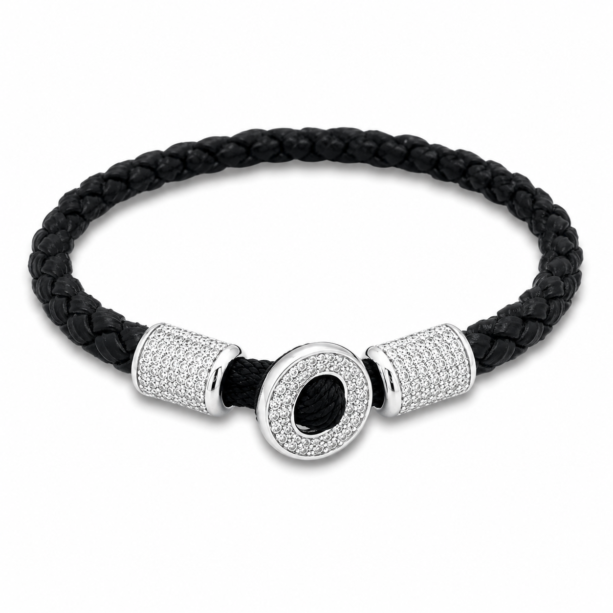 AZL Men 03 White Diamond Crystalline Black Leather Bracelet