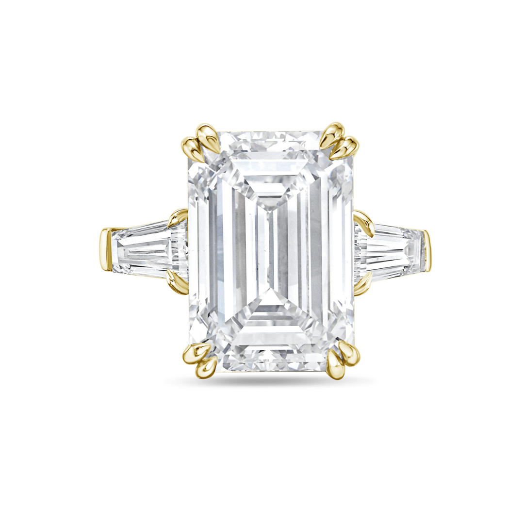 Lab-Grown Emerald-Cut Three-Stone Engagement Ring with Baguettes, 18k Gold