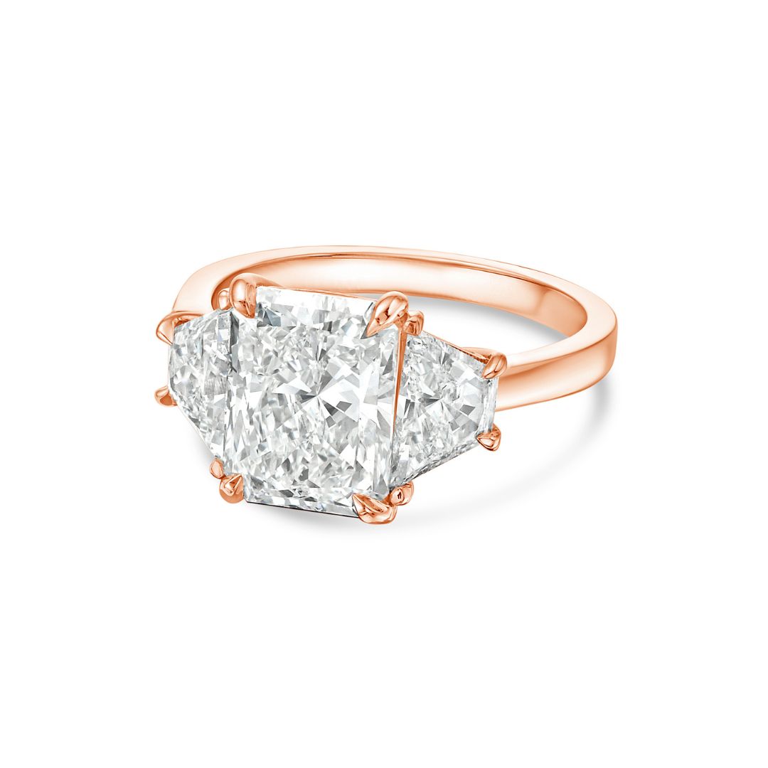 Lab-Grown Radiant Three-Stone Engagement Ring with Trapezoids, 18K Gold