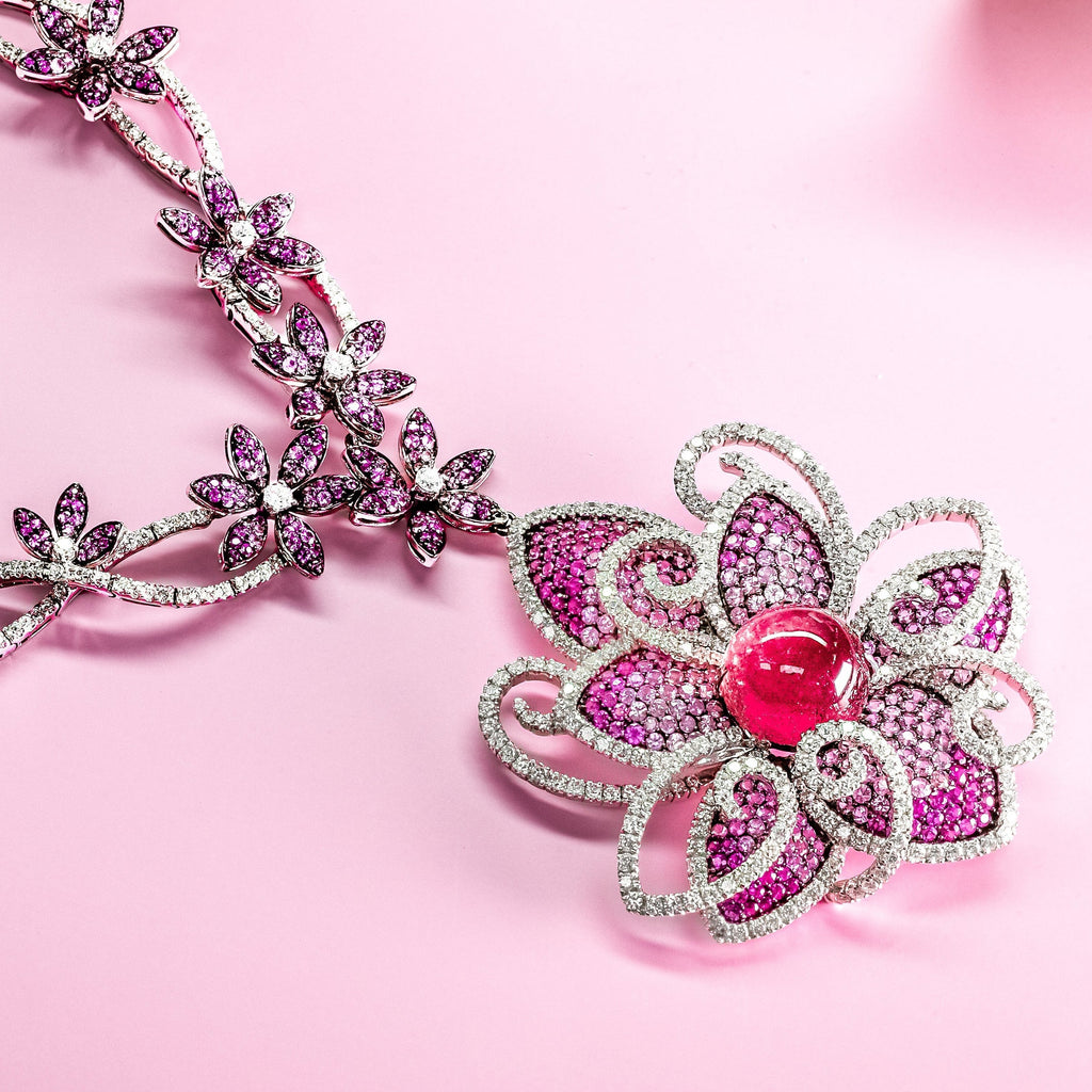 Ruby Pink Sapphire Diamond Flower Necklace, 18K White Gold