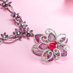 Ruby Pink Sapphire Diamond Flower Necklace, 18K White Gold