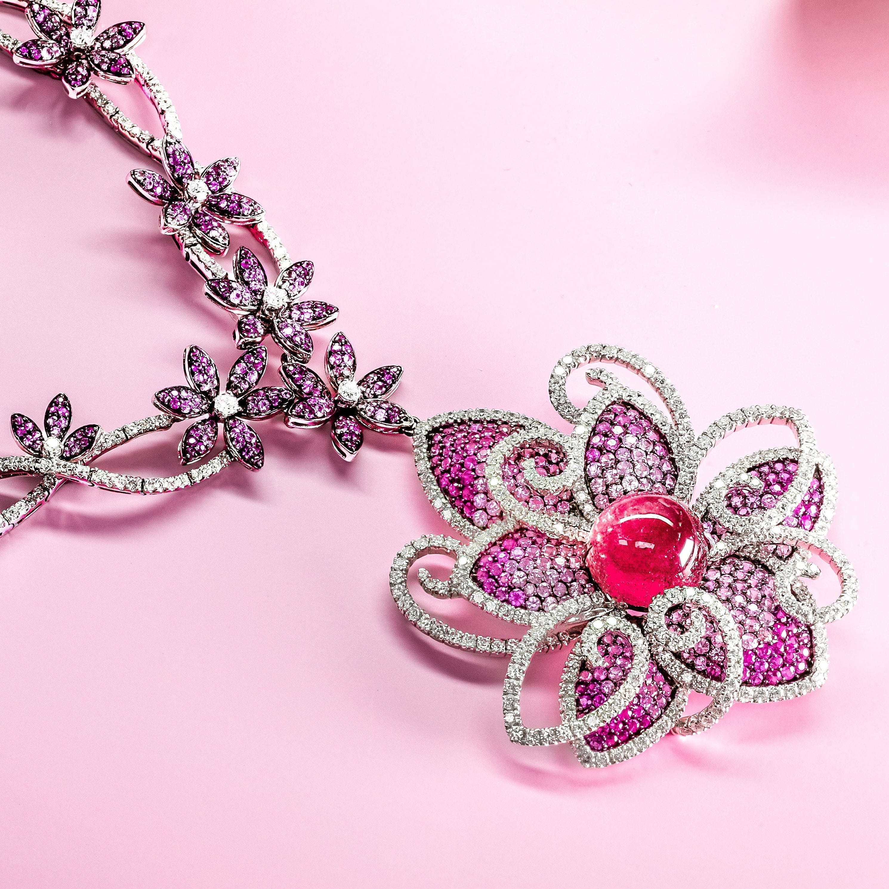 Ruby Pink Sapphire Diamond Flower Necklace, 18K White Gold