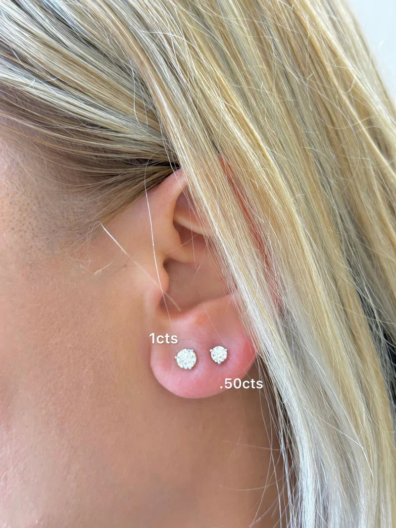 Lab-Grown Martini Round Diamond Studs, 3-Prong, 14K Gold