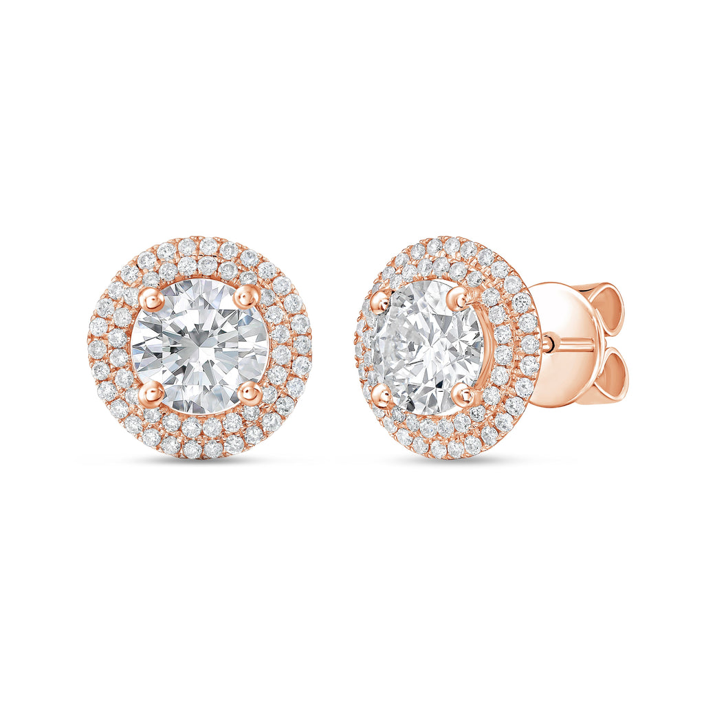 Lab-Grown Round Diamond Double Halo Earrings, 14K Gold