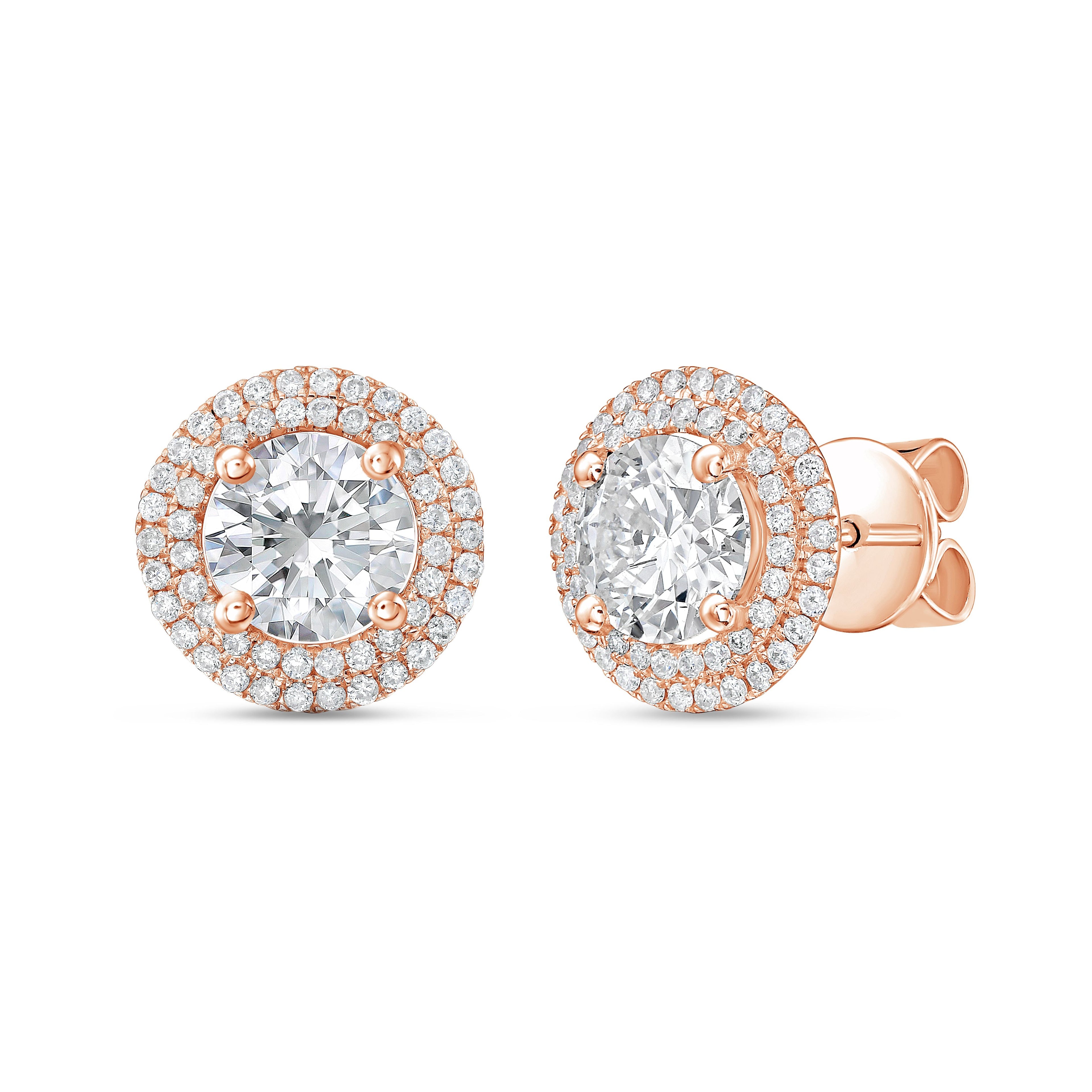 Lab-Grown Round Diamond Double Halo Earrings, 14K Gold